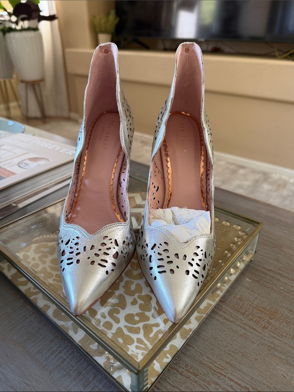 Ted Baker London Silver Pointed Toe Laser-Cut Heels